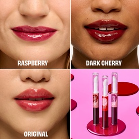 Benefit Benetint Pocket Pal lip gloss in Original Rose, Raspberry and Dark Cherry shades shown on models' lips and as three product bottles.