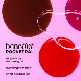 Benefit Benetint Pocket Pal lip tint and gloss duo in Original Rose, shown as abstract red and berry liquid circles on pink background