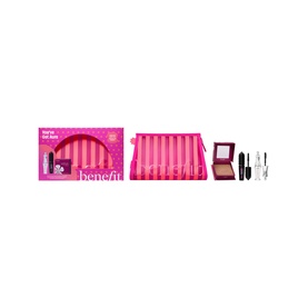 Benefit You've Got Aura Summer Essentials Gift Set with pink striped cosmetics bag, bronzer, mascara, and brow products
