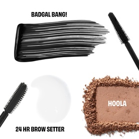 Benefit You've Got Aura Summer Essentials Gift Set showing BadGal Bang mascara, 24HR Brow Setter, and Hoola bronzer powder swatch