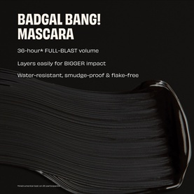 Benefit Badgal Bang! Mascara shown close up, highlighting dense black bristles with 36-hour full-blast volume claims on dark background.