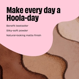 Benefit Hoola matte bronzing powder swatches on pink background with text: Make every day a Hoola-day, silky-soft natural finish.
