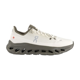 On Running trainer in Fern Grain, white mesh upper with olive green chunky cushioned sole and red logo detail