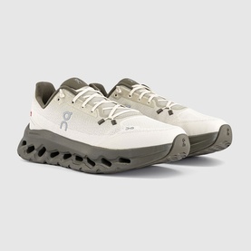 On Running trainers in Fern Grain, off-white mesh upper with olive green heel and chunky cloud-pod rubber sole, men's style