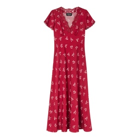 Whistles red floral print midi dress with V-neck, short flutter sleeves, and A-line skirt