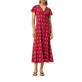 Model wearing Whistles red floral midi dress with flutter sleeves, V-neckline and flared skirt, styled with black flat sandals
