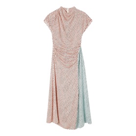 Whistles pink diagonal stripe midi dress with ruched waist, draped neckline, cap sleeves, and colour-block skirt panel