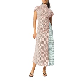 Model wearing Whistles pink mixed stripe midi dress with ruched side, high neck, cap sleeves, styled with black flat sandals