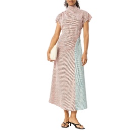 Model wearing Whistles pink diagonal stripe colourblock midi dress with mock neck, carrying cream clutch, styled with black heeled sandals.
