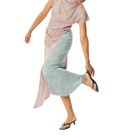 Model wearing Whistles pink mixed gingham print midi skirt with matching top and black strappy heeled sandals