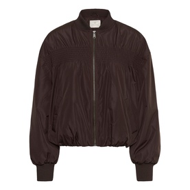 Kaffe bomber jacket in Coffee Bean, zip-front with ribbed cuffs, collar and hem, relaxed silhouette with gathered sleeves