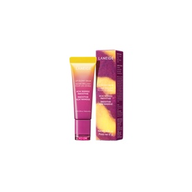 Laneige Lip Glowy Balm Mango Acai Smoothie tube and box in gradient pink-yellow packaging, shown together upright.