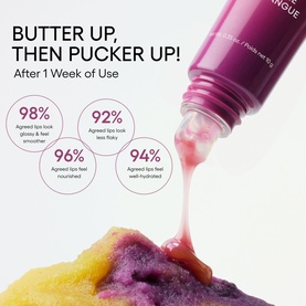 Laneige Lip Glowy Balm Mango Acai Smoothie dispensing pink balm, with claim statistics highlighting gloss, nourishment and hydration benefits.