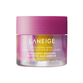 Laneige Lip Sleeping Mask Acai Mango Smoothie in a pink lidded pot, 20g, on a white background.
