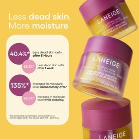Laneige Lip Sleeping Mask Acai Mango Smoothie in stacked jars with pink-purple lids, shown alongside efficacy claims