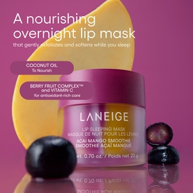 Laneige Lip Sleeping Mask Aca&iacute; Mango Smoothie in a purple jar, shown with aca&iacute; berries and mango, highlighting coconut oil and berry fruit complex