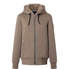 Moose Knuckles beige casual jacket with zip fastening, hood with dark drawstrings, kangaroo pocket, and ribbed cuffs