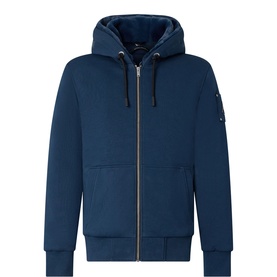 Moose Knuckles navy casual jacket with hood, zip fastening, kangaroo pockets, and sleeve badge detail