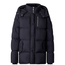 Moose Knuckles black puffer casual jacket with detachable hood, zip chest pocket and quilted panels