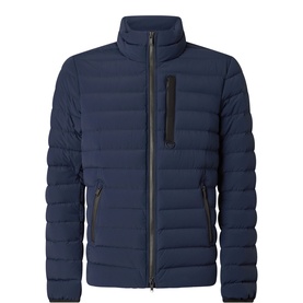 Moose Knuckles navy quilted casual jacket with funnel neck, zip chest pocket, and full-length zip fastening