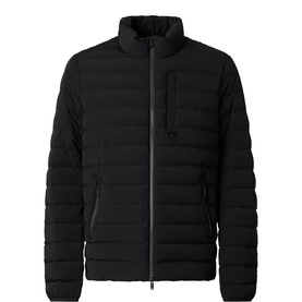 Moose Knuckles black quilted casual jacket with funnel neck, zip chest pocket, and gunmetal zip fastening