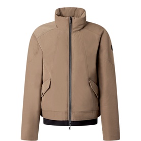 Moose Knuckles beige casual jacket with high collar, zip front, flap pockets, and ribbed hem detail