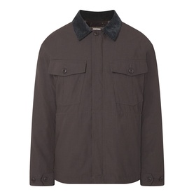 Snow Peak dark brown casual jacket with contrast black collar, chest flap pockets, and zip fastening