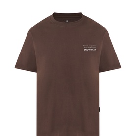 Snow Peak brown crew neck T-shirt with small chest logo print, short sleeves, relaxed fit