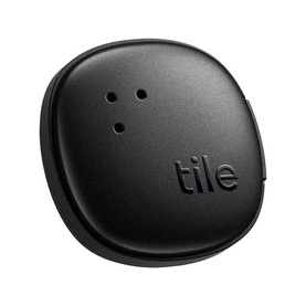 Tile Sticker Bluetooth tracker in matte black, compact round design with speaker holes and Tile logo on front