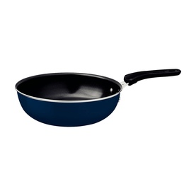 Tramontina blue non-stick frying pan with deep sides, black interior coating and black handle, shown from above angle