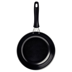 Tramontina blue frying pan with non-stick interior and black handle, shown from above