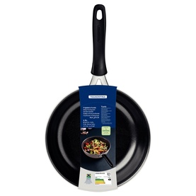 Tramontina Frying Pan in black with non-stick interior, long black handle and product label on packaging card