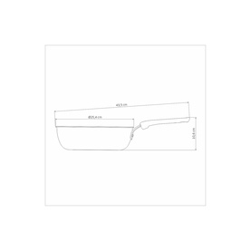 Tramontina blue frying pan technical line drawing showing dimensions, side profile view with handle
