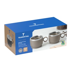 Tramontina beige double-walled stainless steel mugs set of two, shown with product packaging box