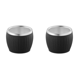Tramontina black barrel-shaped mugs with ribbed texture and polished silver rims, set of two, shown on white background