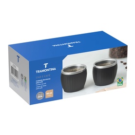 Tramontina black double-walled mugs set of two in gift box, ribbed texture with stainless steel interior