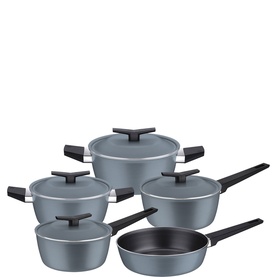Tramontina blue non-stick cookware set with black handles, including two lidded saucepans, a stockpot with lid, and a frying pan