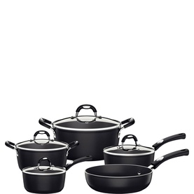 Tramontina black non-stick cookware set including two lidded saucepans, a lidded casserole, a frying pan, and a saut&eacute; pan