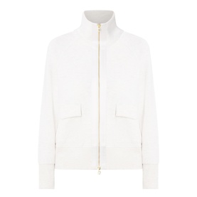 Varley Ivory Marl zip-through sweat jacket with funnel neck, gold-tone zip, and twin front patch pockets