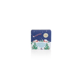 Venchi Christmas chocolate in a square navy blue tin featuring a festive winter scene with Santa's sleigh, trees, and moonlit sky.