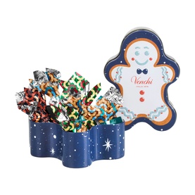 Venchi Christmas chocolate gift set in navy star-print tin with gingerbread man lid, filled with multicoloured foil-wrapped chocolates