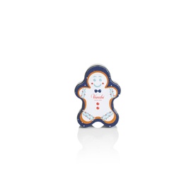Venchi gingerbread man-shaped chocolate tin in multicolour with navy blue border and festive detailing