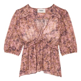 Bash pink floral print chiffon blouse with V-neckline, gathered waist tie, ruffle shoulders and three-quarter sleeves