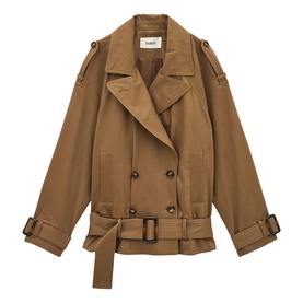 Bash brown double-breasted short trench jacket with belt, epaulettes, and adjustable cuffs