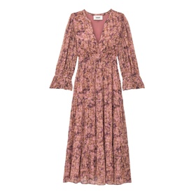 Bash pink floral print midi dress with V-neckline, long sleeves with ruffle cuffs and tiered skirt