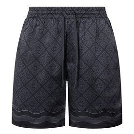 Casablanca black silk shorts with all-over geometric monogram jacquard pattern and elasticated drawstring waist