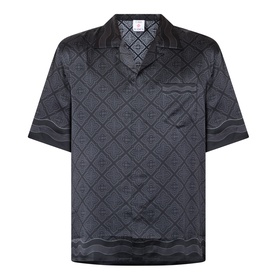 Casablanca black silk casual shirt with tonal monogram jacquard pattern, camp collar, short sleeves, and chest pocket