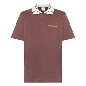 Casablanca brown cotton polo shirt with patterned white, green and red embroidered collar and chest logo embroidery