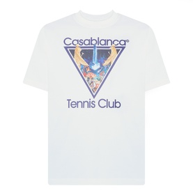 Casablanca white cotton T-shirt with blue triangle Tennis Club graphic print on chest, relaxed fit, crew neck