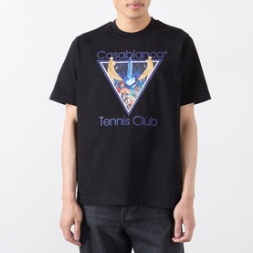 Model wearing black Casablanca Tennis Club graphic T-shirt with triangular print featuring blue and multicolour artwork